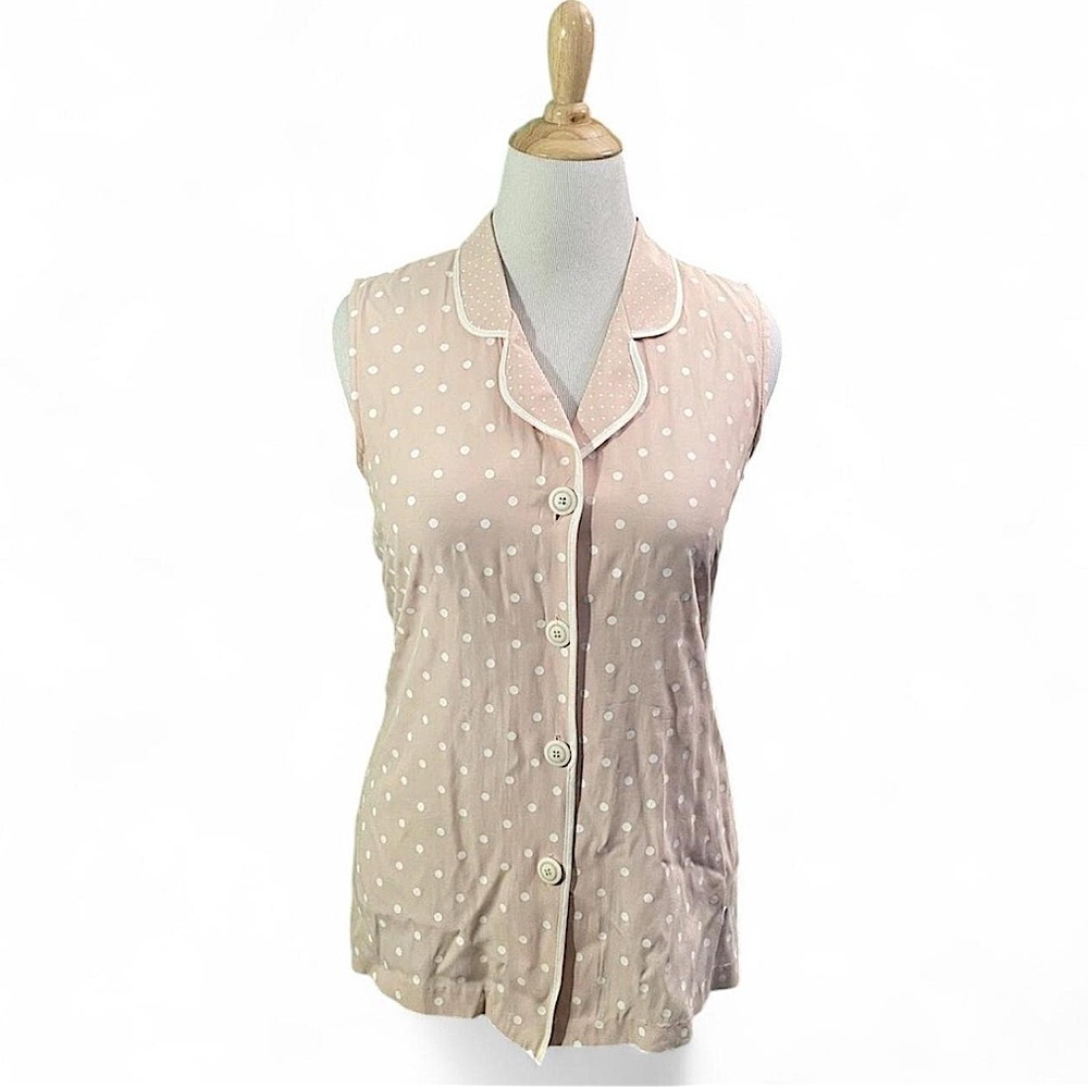 Vintage 80s Cottagecore Button Up Tank LARGE Jadyn T Pastel Pink Polka Dot